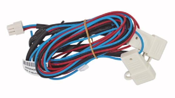 Multicolored cable bundle with two white connectors, tied together.