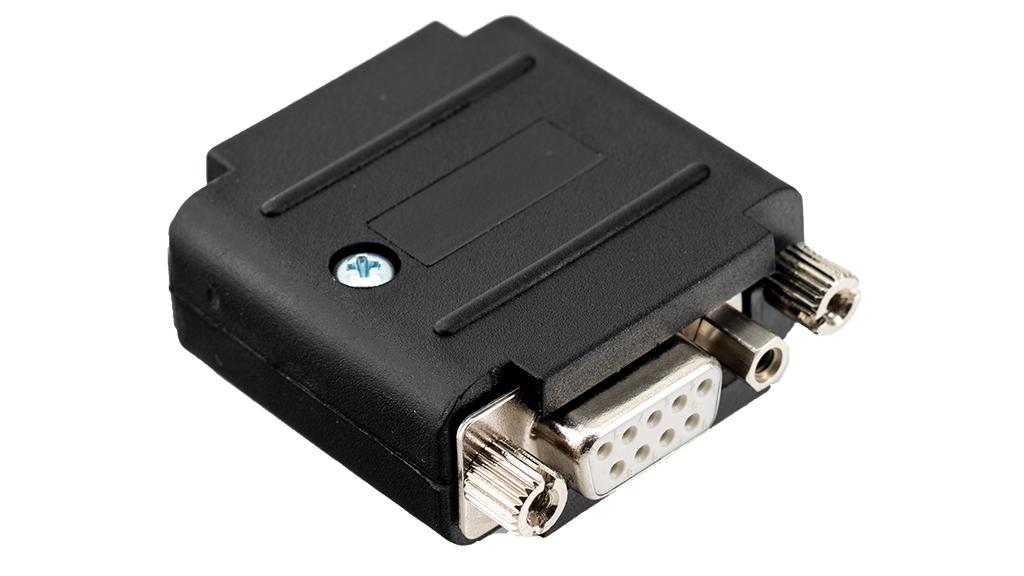 Adaptateur VGA noir avec vis métalliques et connecteur.