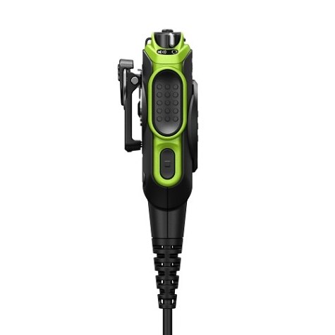 Green portable communication device with cable and clip.