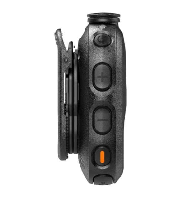 Side view of a black camera with four round buttons.