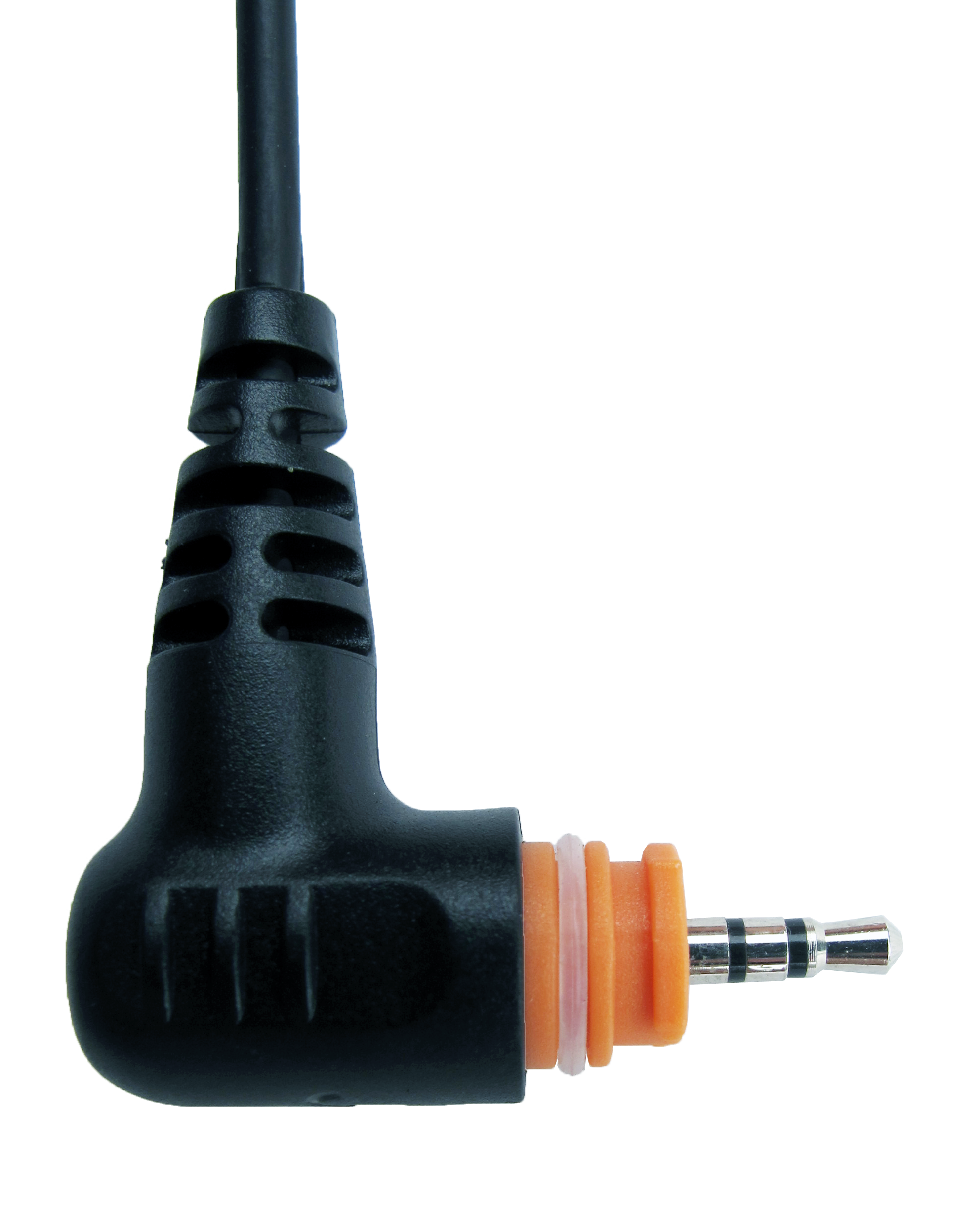 Hoekstekker met zwart snoer en oranje isolator, 3,5 mm jack connector.