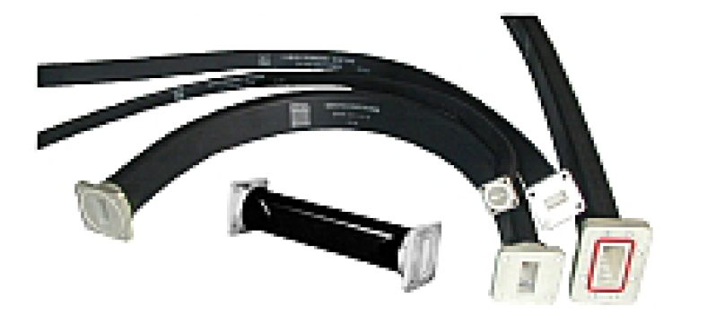 Three black flexible conduits with rectangular flanges.