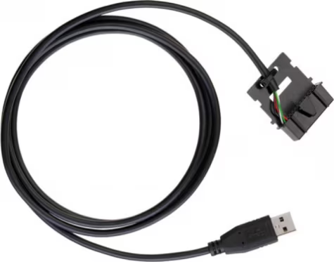 USB cable with black plug on a loop.