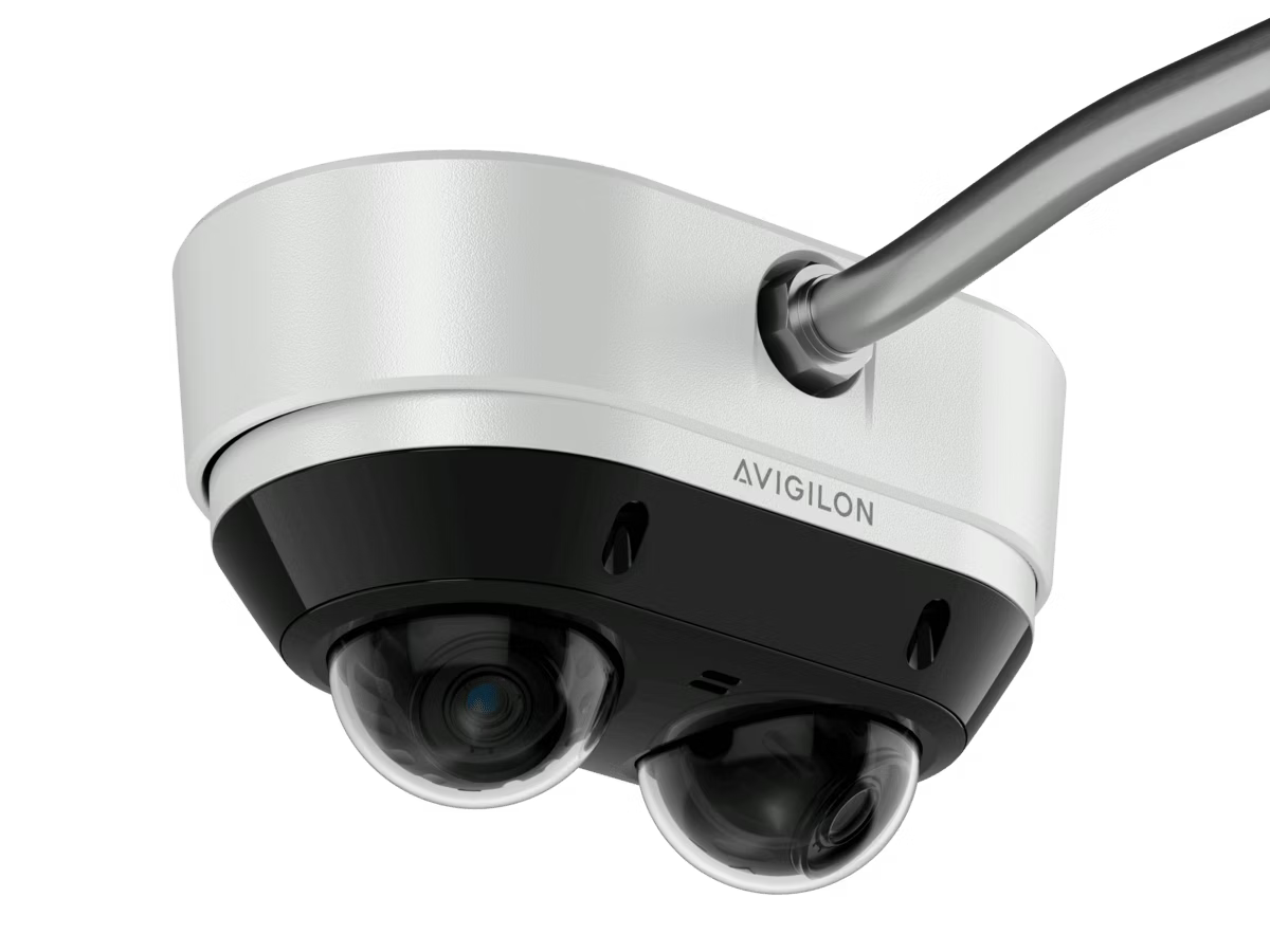 Dome-shaped surveillance camera with two lenses and curved casing.