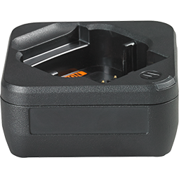 Zwarte batterijoplader met een sleuf voor een batterij.