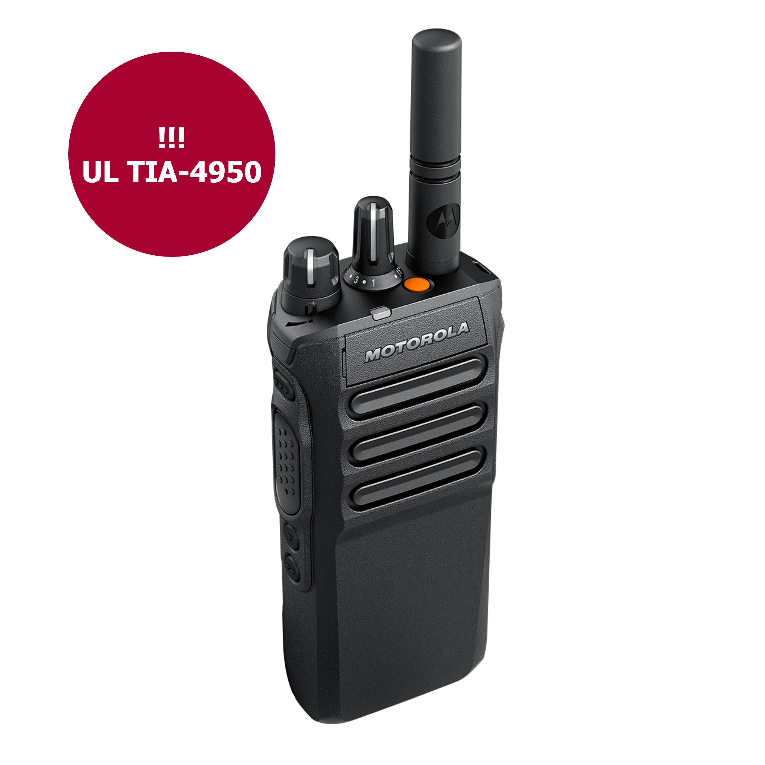 Black radio with antenna and two knobs, text ‚UL TIA-4950‘ in red circle.