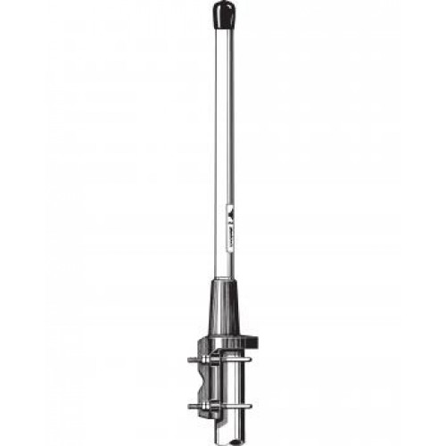 Antenne TV argentée avec poignée noire et support de montage.