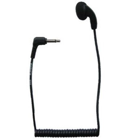Black earbud with coiled cable and 3.5 mm jack plug
