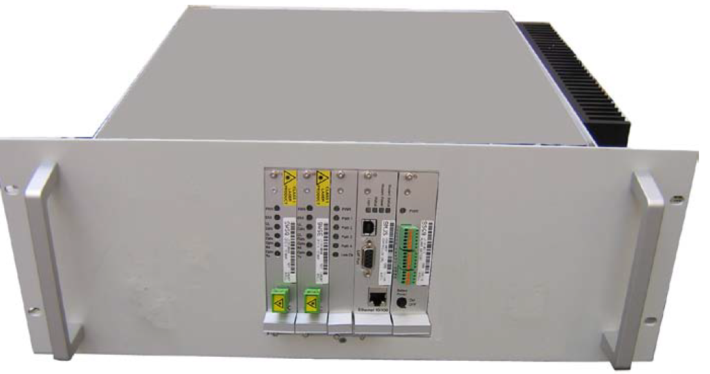 Front view of an electronic device with ports and ventilation slots.