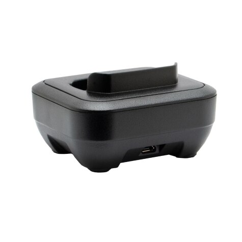 Zwart oplaadstation met micro USB-poort aan de onderkant.