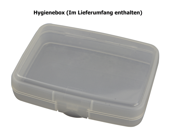 Transparante rechthoekige hygiënebox met scharnierend deksel.