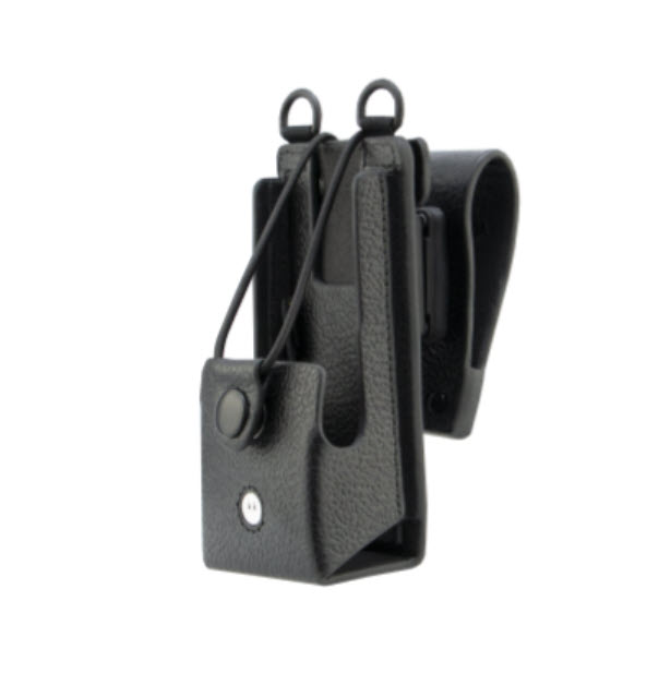 Zwart lederen holster met bevestigingsclip en elastische banden.