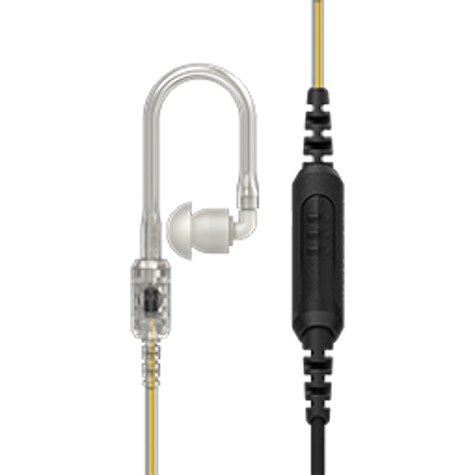 Transparant in-ear hoortoestel met flexibele oorhaak en gele kabel.