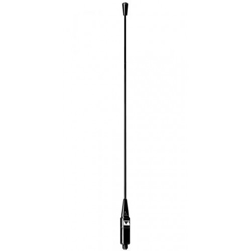 Longue antenne radio noire avec tige flexible et base en métal.