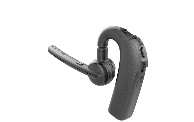 Zwarte draadloze oordopjes headset met microfoonarm.