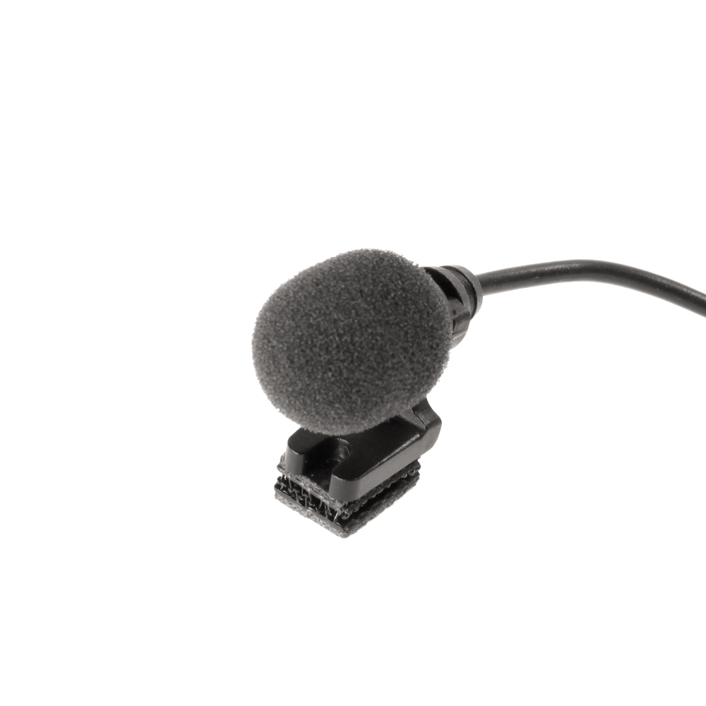 Zwarte dasspeldmicrofoon met schuimkap en kabel.