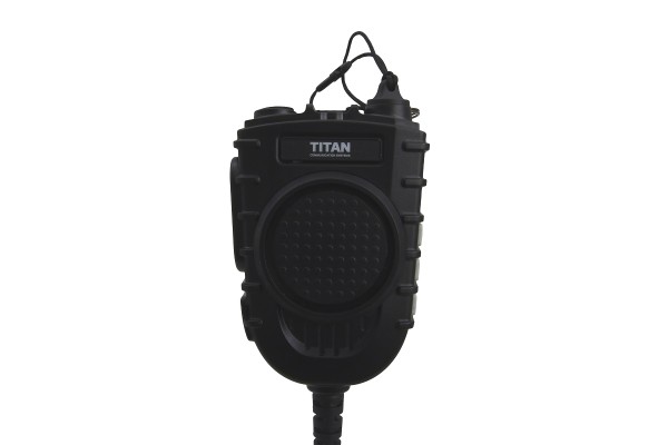 Black electronic device with buttons and cable connection.