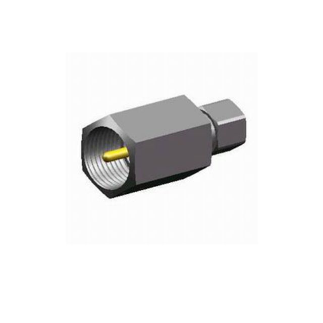Coaxiale connector met zeshoekige behuizing en zichtbare binnengeleider.