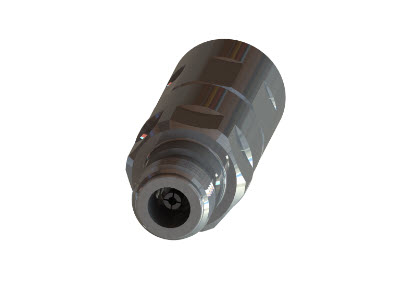 Metal connector with cylindrical body and beveled end.