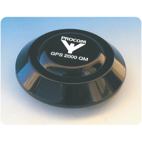 7000-00526100_pro_01.jpg Rond zwart apparaat met label 'PROCOM GPS 2000 QM'.