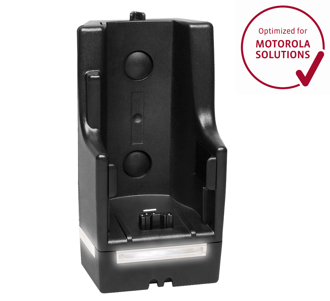 Black charging cradle, compatible with Motorola radios.