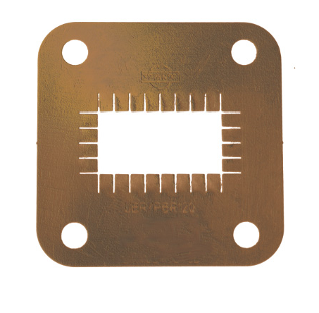 Square metal stencil with rectangular opening and round corners.