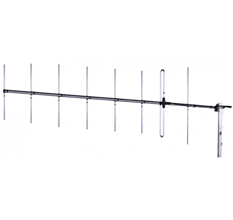 Yagi antenna with ten elements mounted on a vertical mast.
