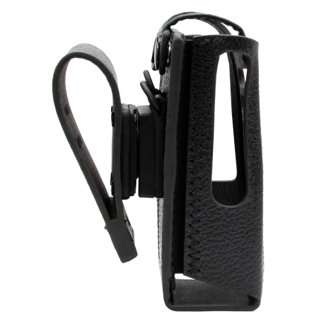 Zwarte leren houder met clip en zijopening.