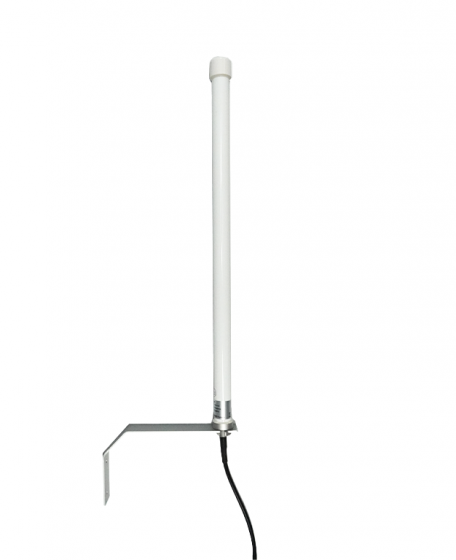 White cylindrical antenna with cable, attached to metal bracket.