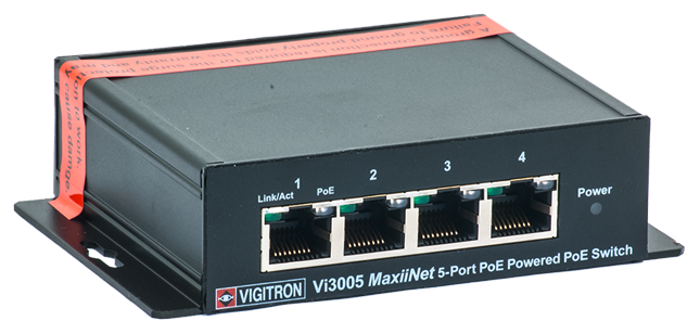 Netwerkswitch met vijf ethernetpoorten en ondersteuning voor Power over Ethernet.