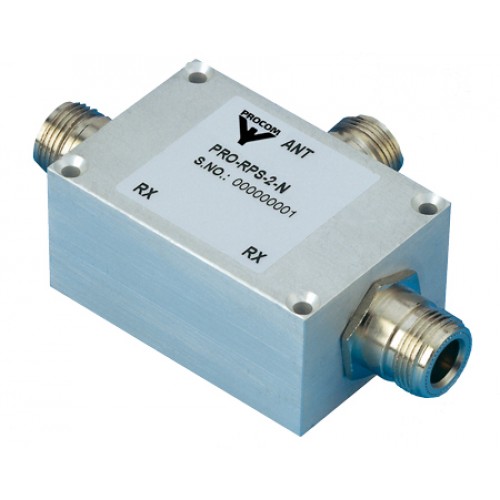 Metal RF splitter with four ports. Label: PRO-RPS-2-N.