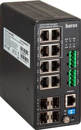 Industriële switch met 12 poorten, 8 RJ-45 en 4 glasvezelaansluitingen, groene LED-indicatoren rechts.