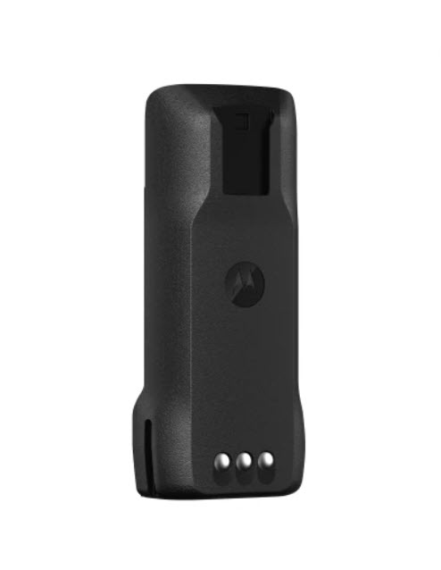 Black radio battery with three contacts on the bottom.