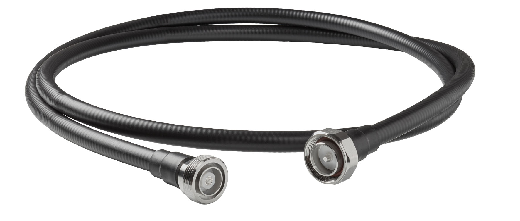 Black flexible coaxial cable with silver connectors.