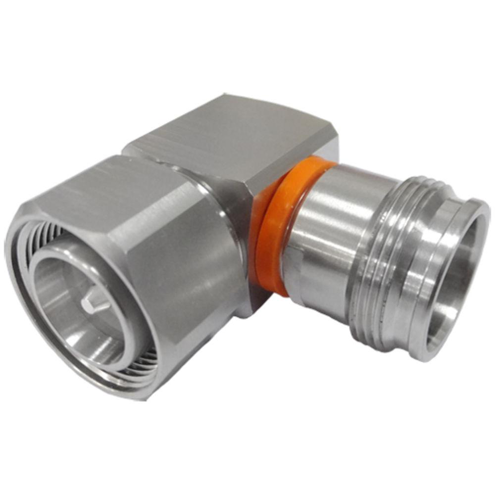Metal angle connector with orange insulation ring.