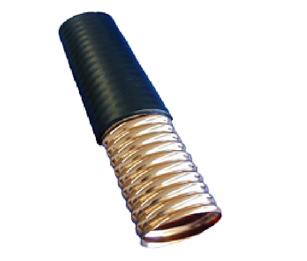 Hose with ribbed, spiral brass fitting and black plastic cover.