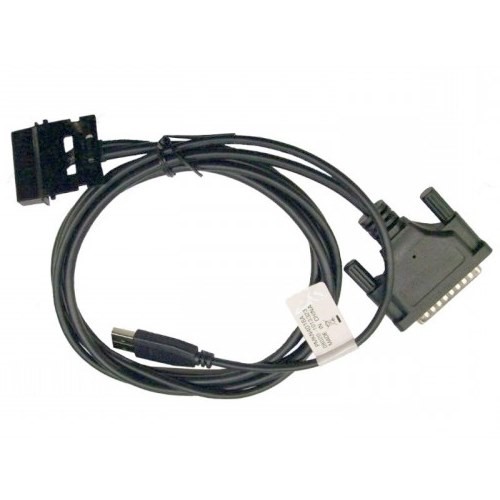 Zwart-grijze datakabel met rechthoekige en DIN-connector.