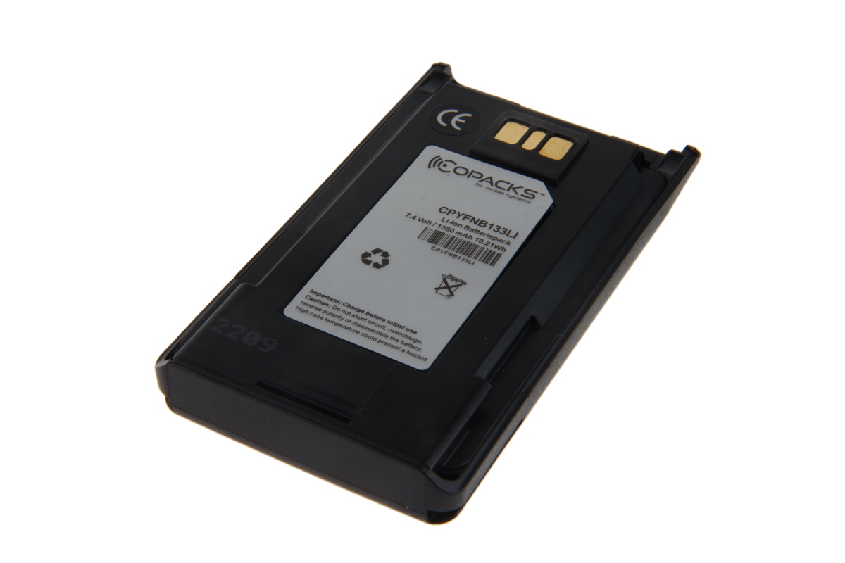 Lithium-ion battery, 7.4 volts, 1380 mAh, black casing.