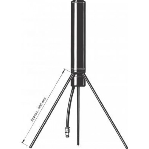 Antenne cylindrique avec trois tiges, câble et connecteur. Hauteur env. 500 mm.