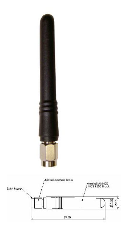 Antenne noire avec connecteur SMA et dessin technique.