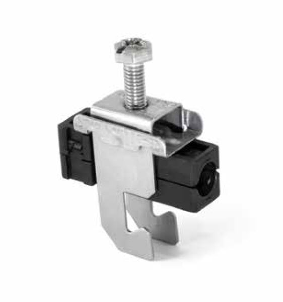 Metal clamp system with screw and plastic parts.