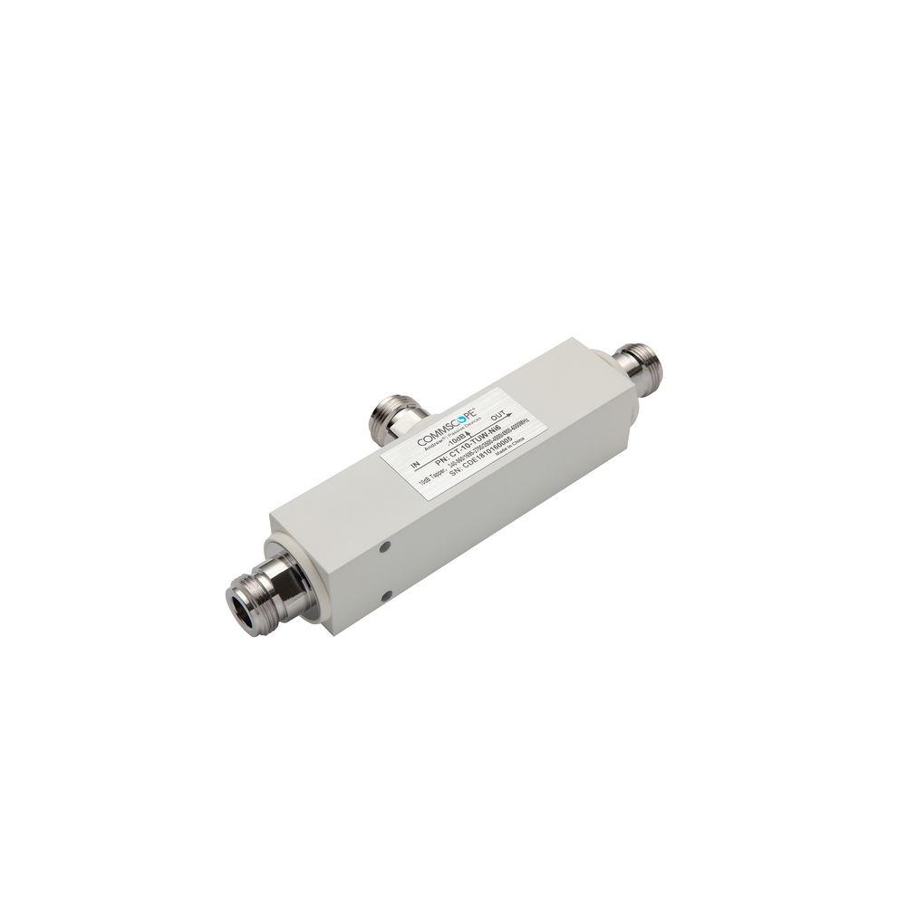 Coaxial coupler with two connectors and printed label.