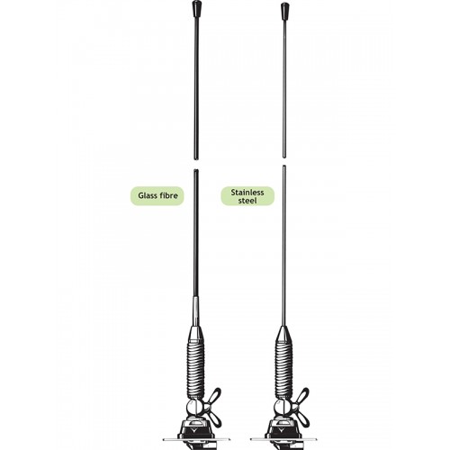 Twee radioantennes, links van glasvezel, rechts van roestvrij staal.