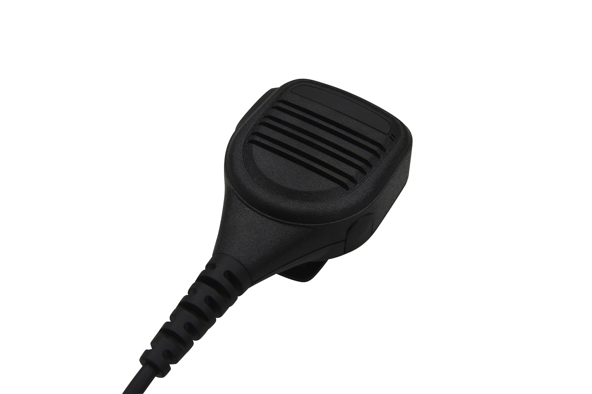 Black handheld microphone with a cable, suitable for radios.