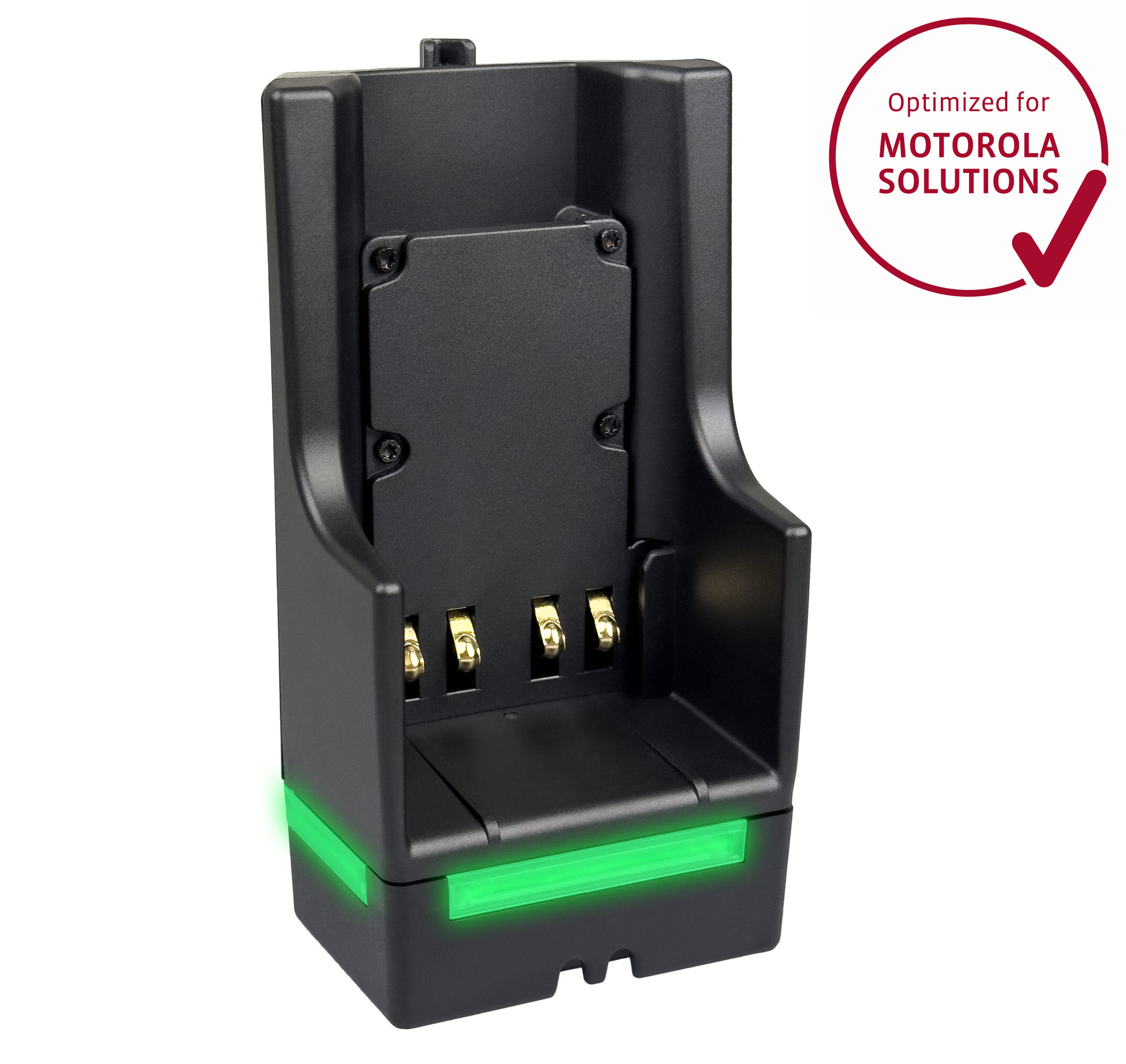 Zwarte oplader, compatibel met Motorola Solutions, groen licht eronder.
