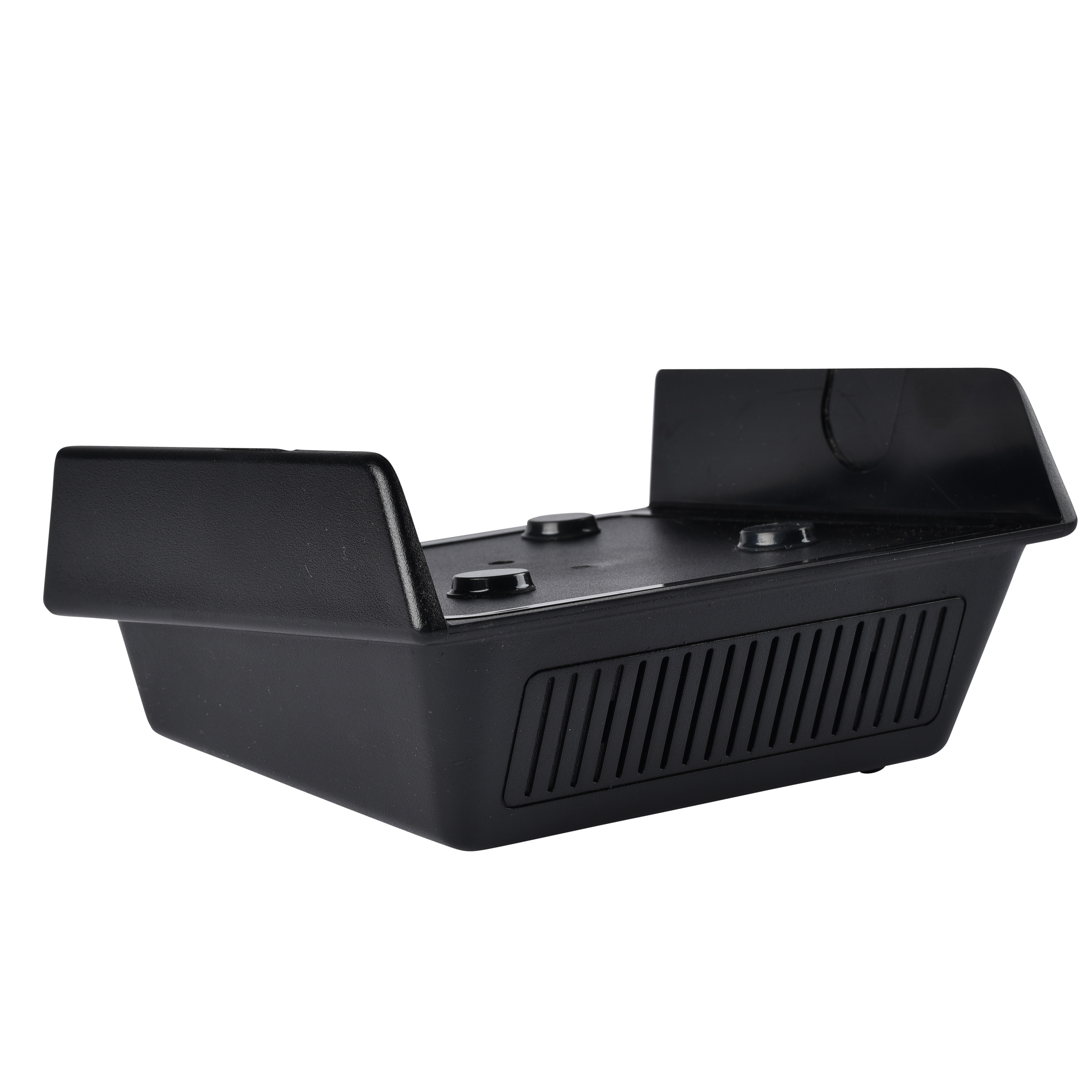 Support en plastique noir avec fentes d'aération et deux boutons sur le dessus.
