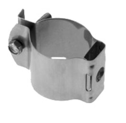 Metal hose clamp with screw for fastening.