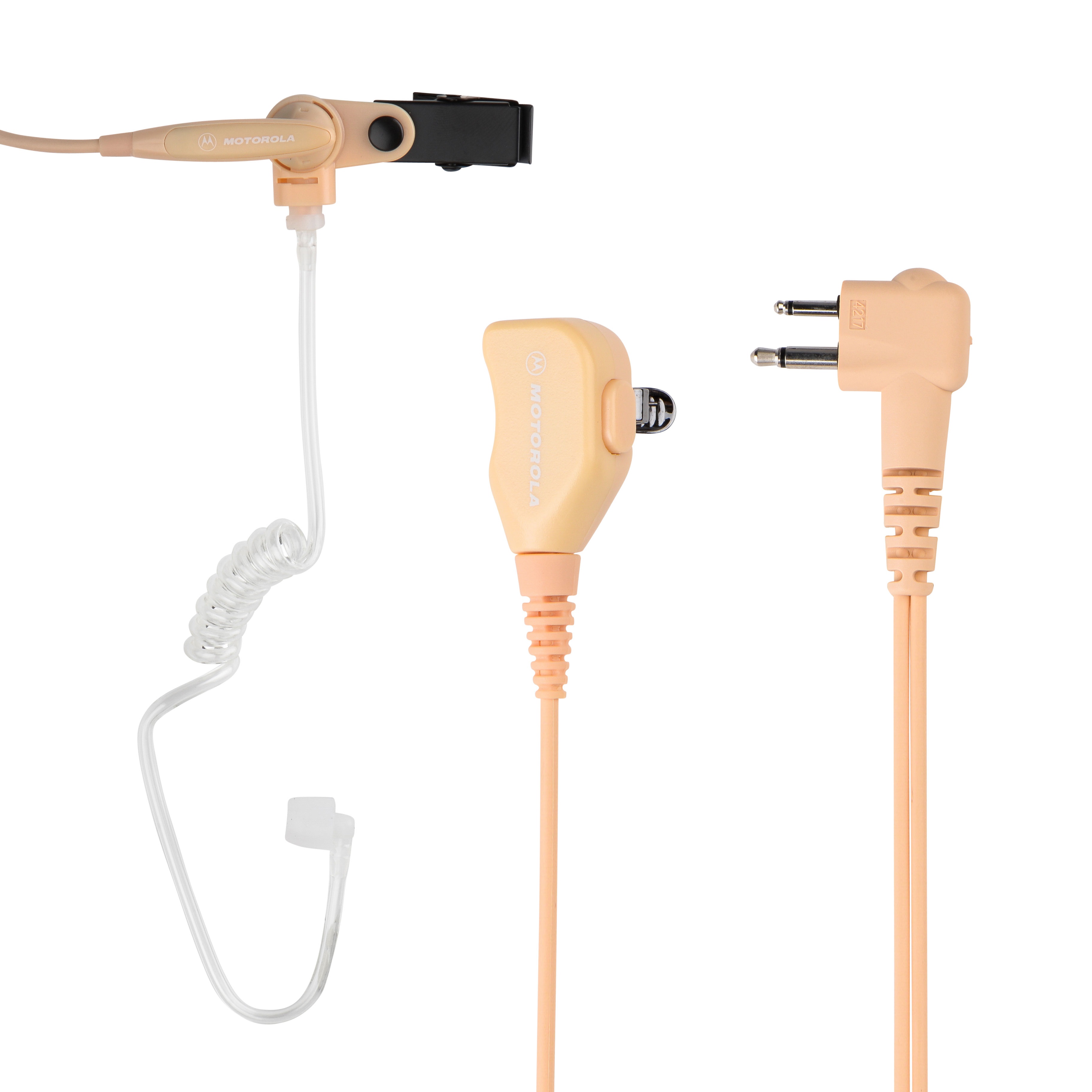 Beige earpiece with acoustic tube and dual pin connector.