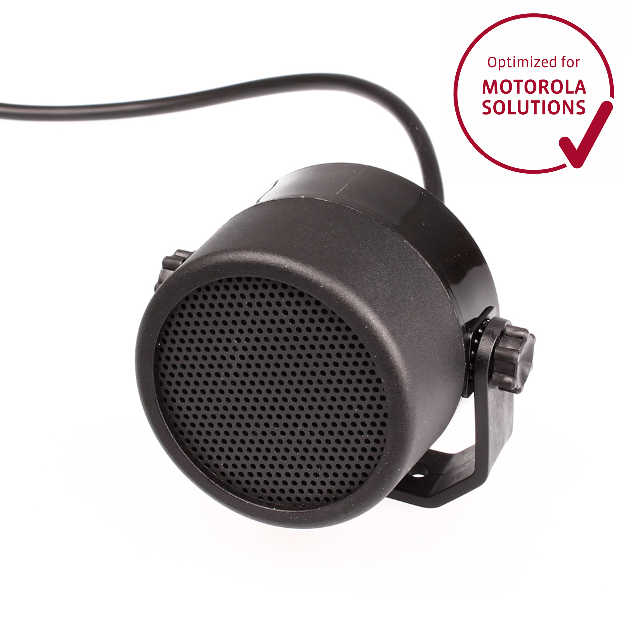Zwarte luidspreker met kabel, geoptimaliseerd voor Motorola Solutions.
