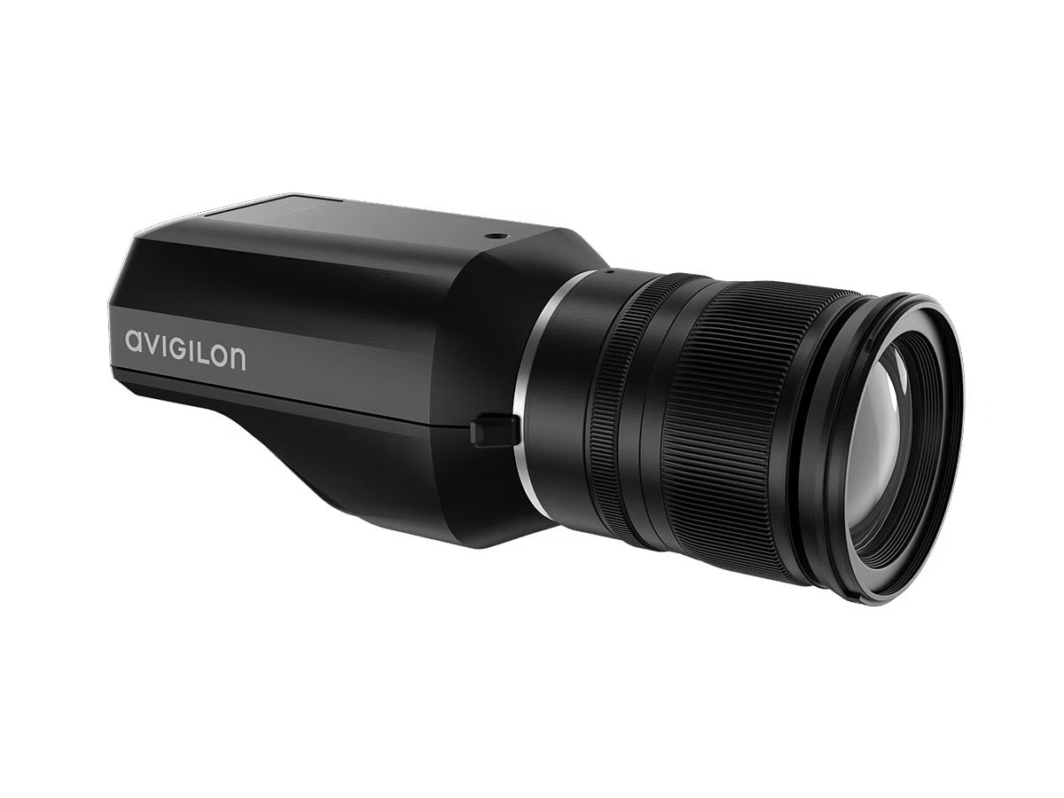 Black surveillance camera with large lens.